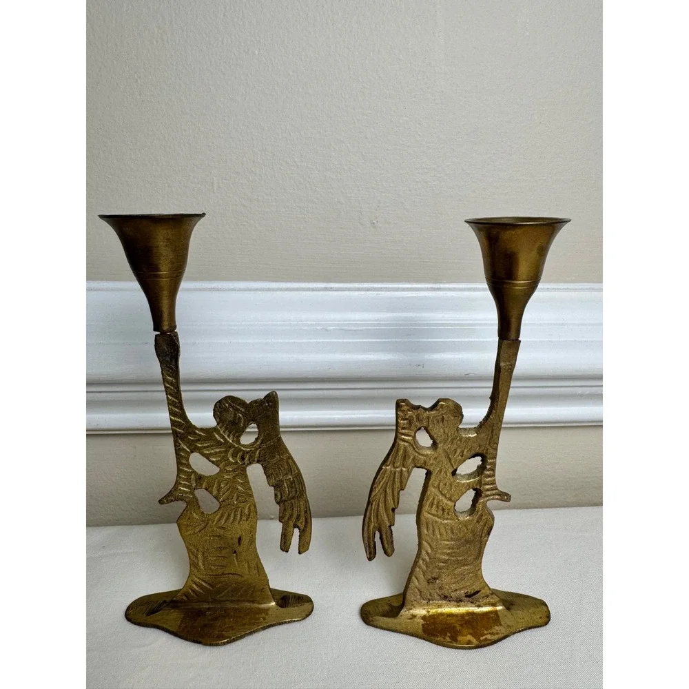 Vintage Brass‎ Angel Candle Holders Set of 2 Trumpet Heralding Angel Brutalist